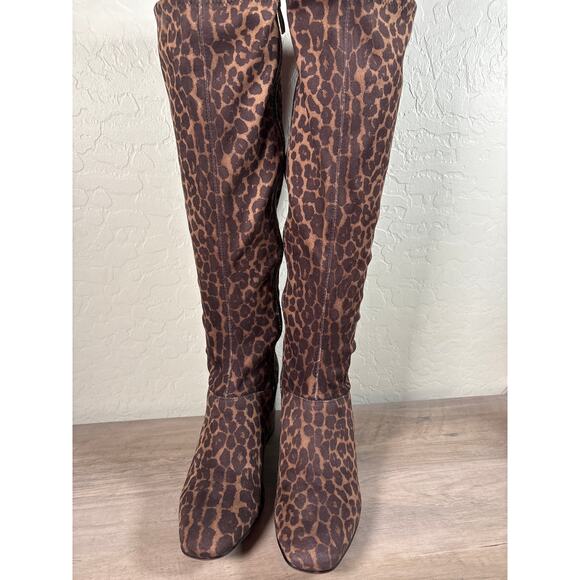 New Franco Sarto Tribute Knee High Tall Heeled Boot Leopard Print Brown Black 8M - Picture 3 of 7